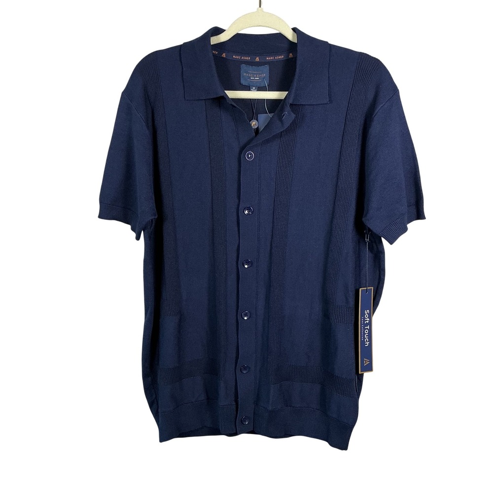 Marc Asher Navy Blue Knit Button Down Polo Shirt MAW-33135 Mens Medium NEW